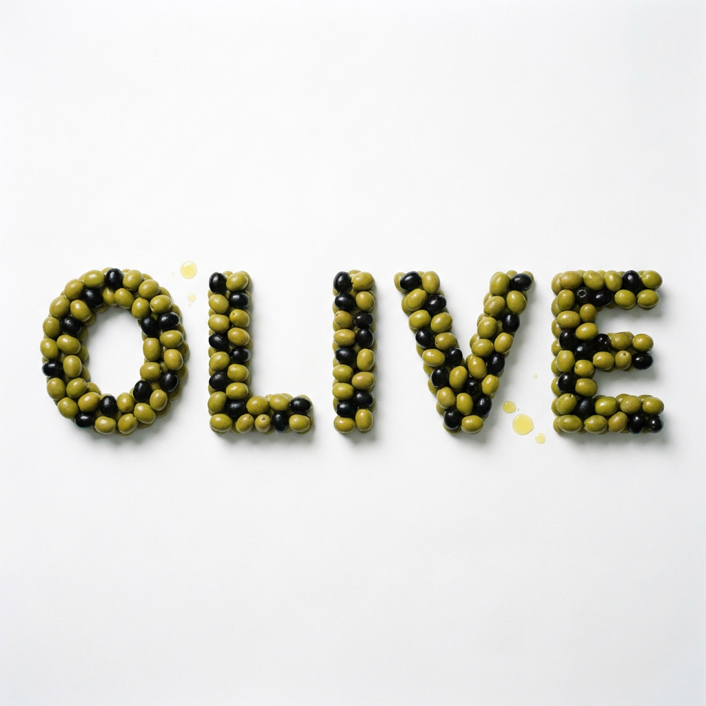Type built from real ingredients: One studio still-life photograph on a single seamless white paper background under one even light. The word "OLIVE" spelled in five bold uppercase letters, each letter built entirely from real green and black olives packed tightly together: the O fully closed and round, the I a plain vertical bar, all five letters the same height and the same thickness, evenly spaced, none touching. Overhead softbox light, a soft contact shadow under each letter, crisp macro texture on the olive skins, a few drops of olive oil beside the letters. Square composition, generous margins, the word centered. No other text, no props, no logos, no watermark.