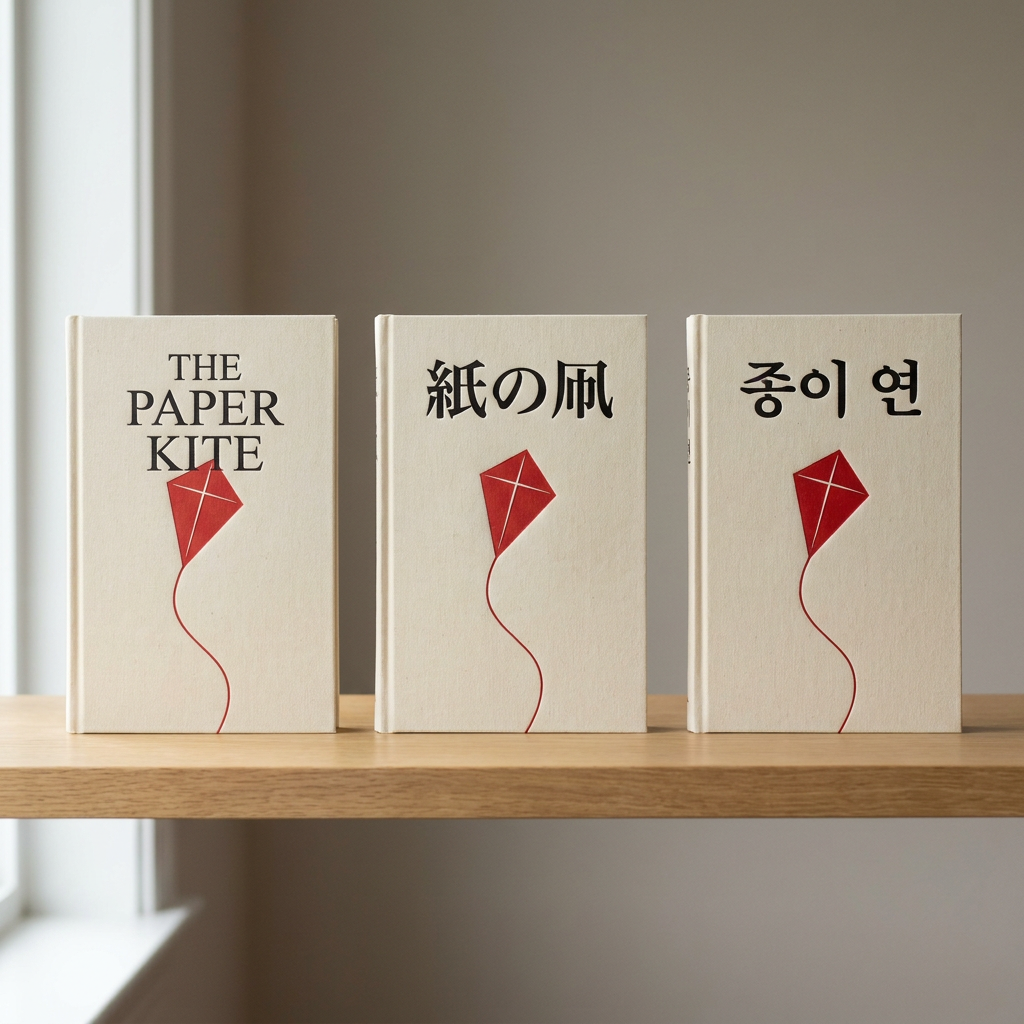 Same cover, three scripts: Studio photograph of three hardcover editions of the same novel standing side by side on a light oak shelf against a plain warm grey wall, front covers facing the camera. All three covers share one identical design: a single red paper kite with a thin trailing string on a matte cream cloth cover. Only the title changes: the left book reads "THE PAPER KITE" in tall serif capitals, the middle book reads "紙の凧" in bold Japanese Mincho type, the right book reads "종이 연" in bold Korean type, each title in the same position and size. Soft daylight from a window on the left, gentle shadow to the right of each book, visible cloth weave and slightly debossed lettering. Shot on a 50mm lens at f/5.6 at eye level. No other text, no author names, no watermark, no hands.