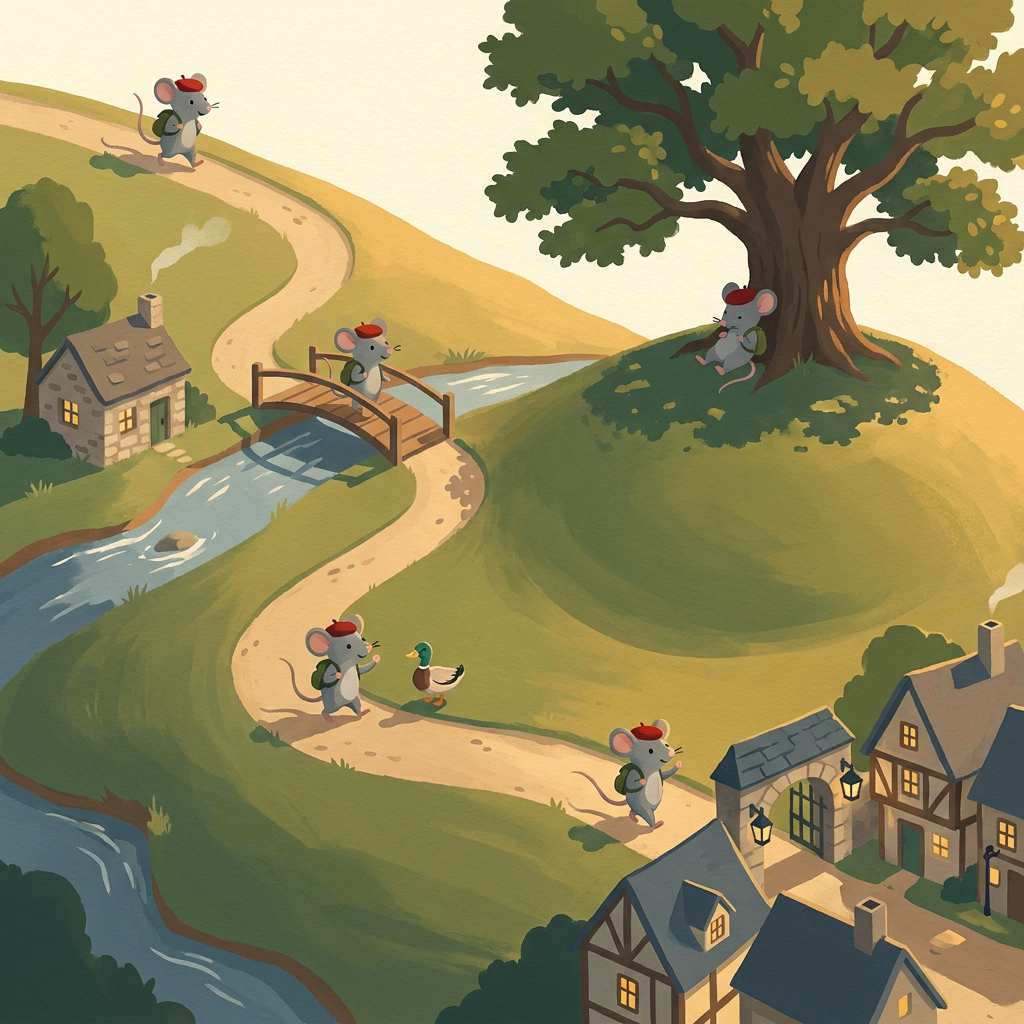 One character, five times: A square picture book spread in flat gouache illustration style with soft paper grain, one continuous landscape seen from slightly above: a winding dirt path runs from the top left corner to the bottom right, passing a small stone cottage, a wooden footbridge over a stream, a round hill with a single oak, and a village of lantern-lit houses. The same character appears five times along the path, once at each landmark: a small grey mouse with round ears wearing a red beret and a tiny green backpack, walking, crossing the bridge, resting under the oak, waving to a duck, arriving at the village gate. Identical mouse design, colors and proportions in all five appearances, warm late afternoon light across the whole scene, limited palette of moss green, ochre, cream and slate blue. No text, no signature, no watermark.