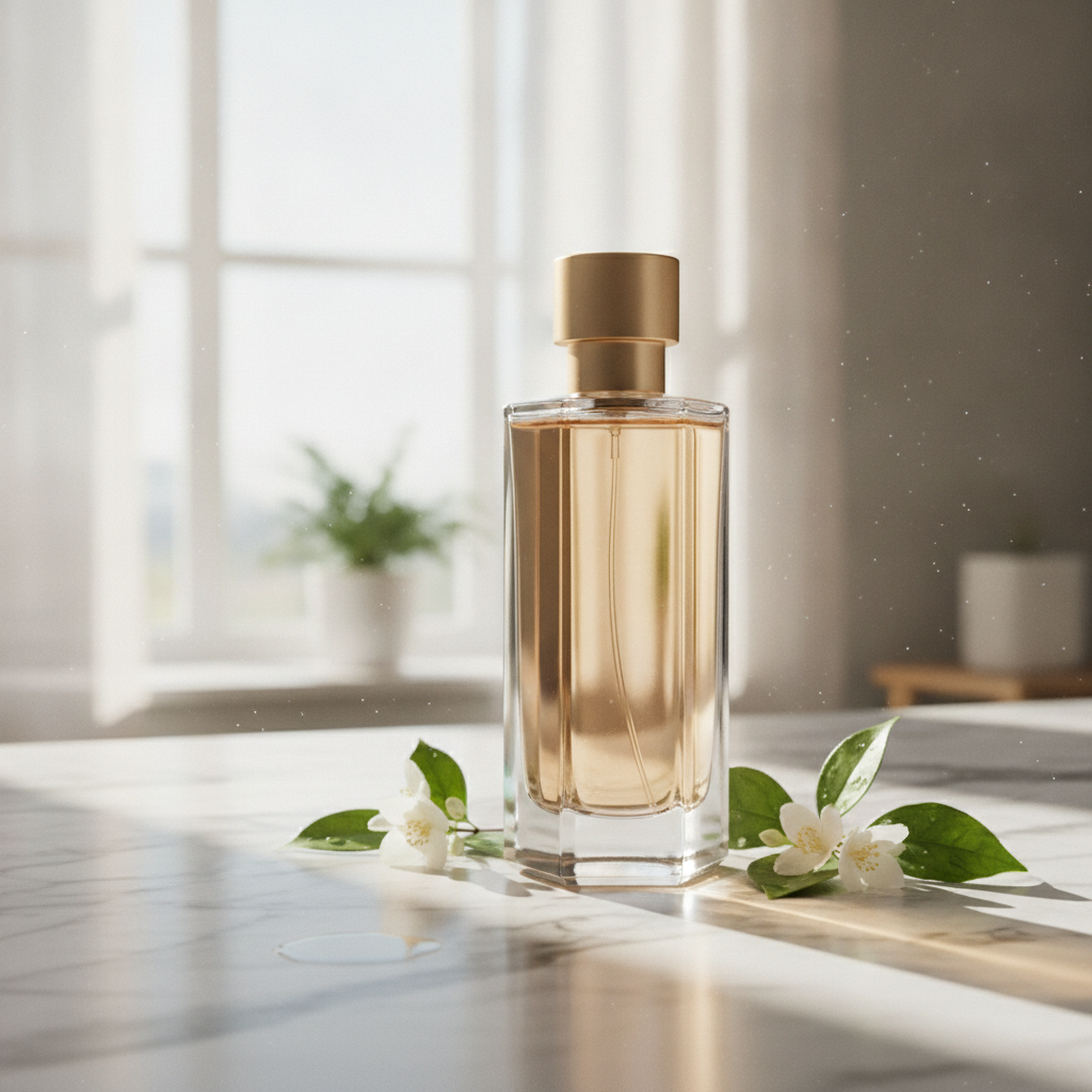 Multi-reference image fusion — A sleek perfume bottle from a studio shot placed on a sunlit marble countertop with soft morning light, composited as one natural scene