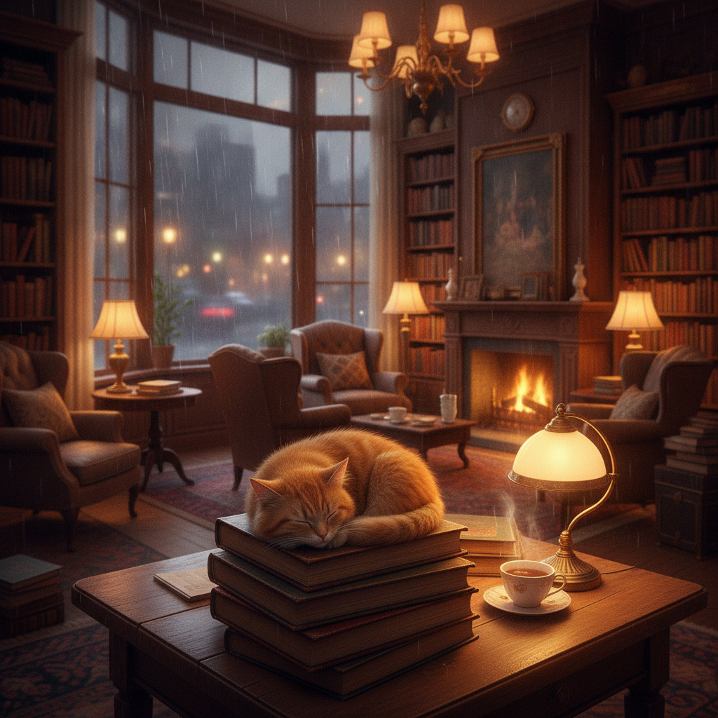 Conversational multi-turn editing — A cozy bookshop interior at dusk, warm lamplight, rain on the windows, a cat asleep on a stack of books
