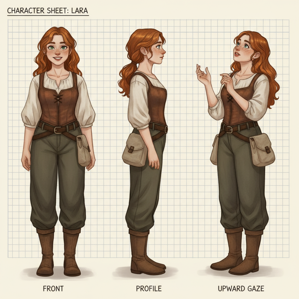 Identity locked across a series — A character sheet of the same young woman with auburn hair in three poses, front-facing smile, side profile, and looking upward, with a consistent face and outfit