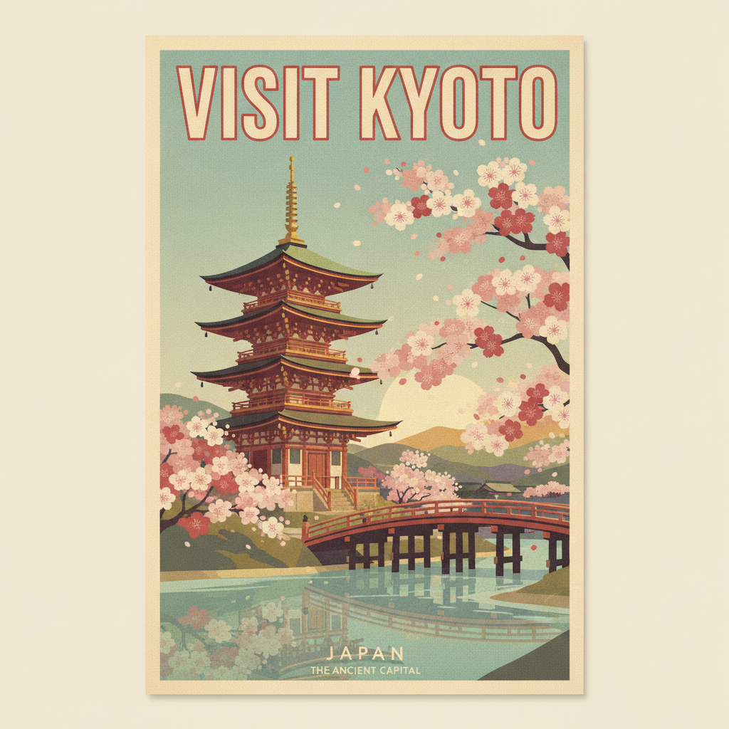 Legible in-image text: A retro travel poster that reads VISIT KYOTO in clean vintage lettering, with a five-storied pagoda and cherry blossoms
