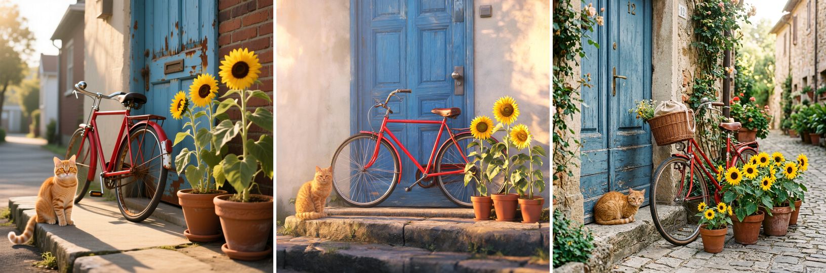 Bicycle, cat and sunflower pots scene from all three models