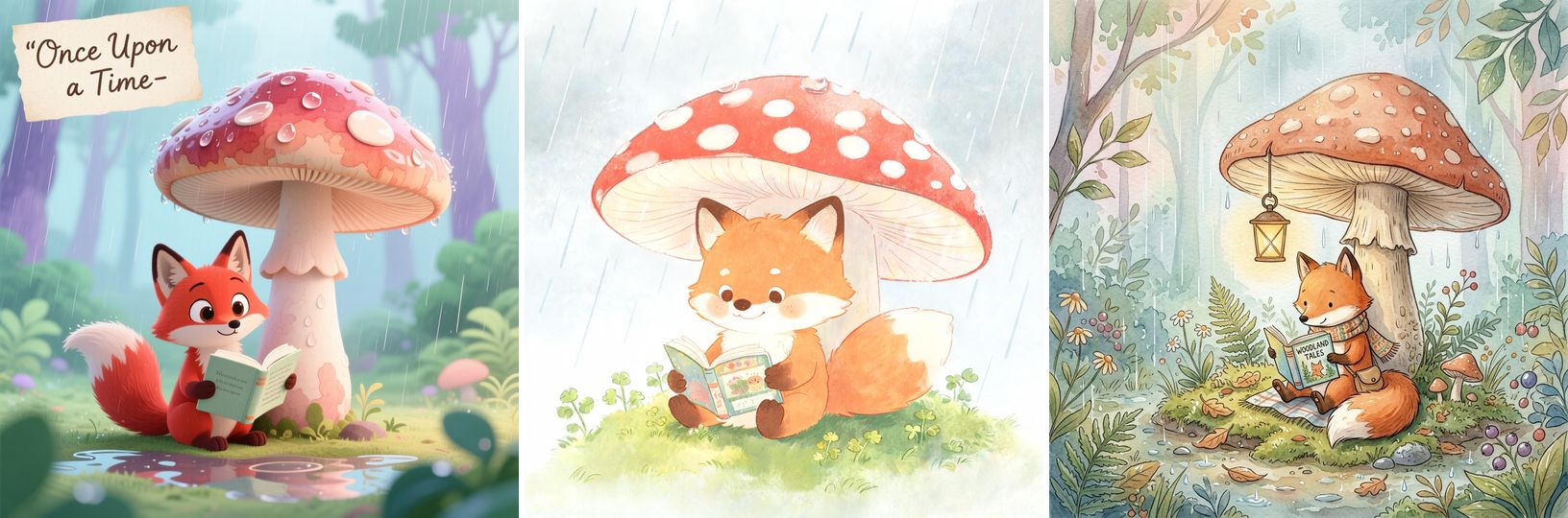 Fox under a mushroom illustration from all three models
