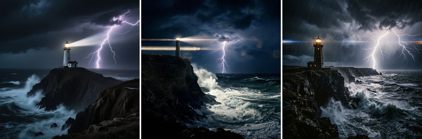 Lighthouse in a thunderstorm from all three models