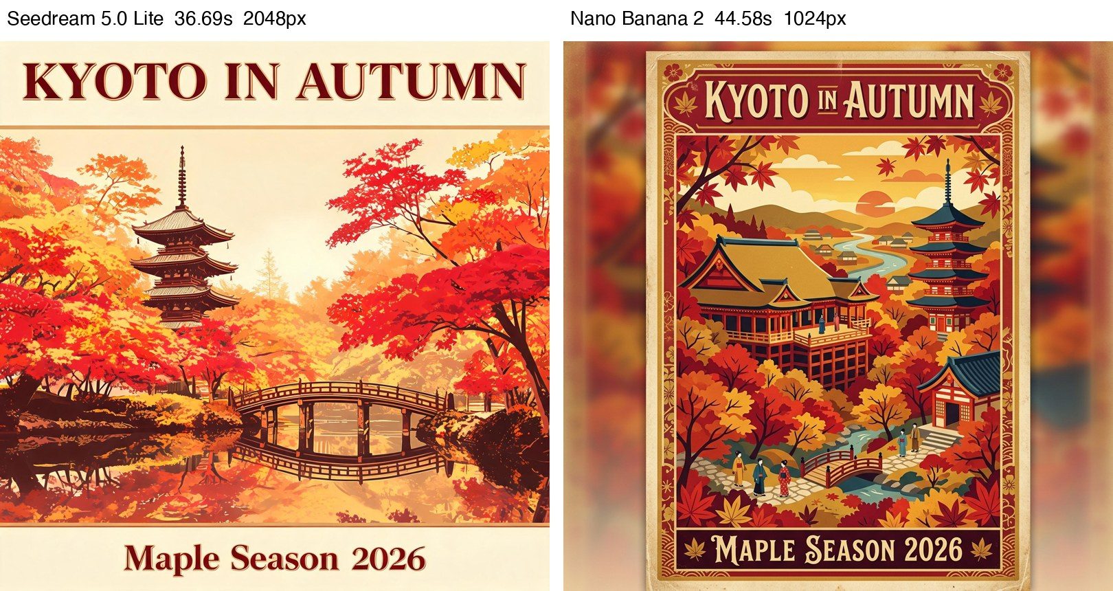 Kyoto travel poster from both models, both with correct text