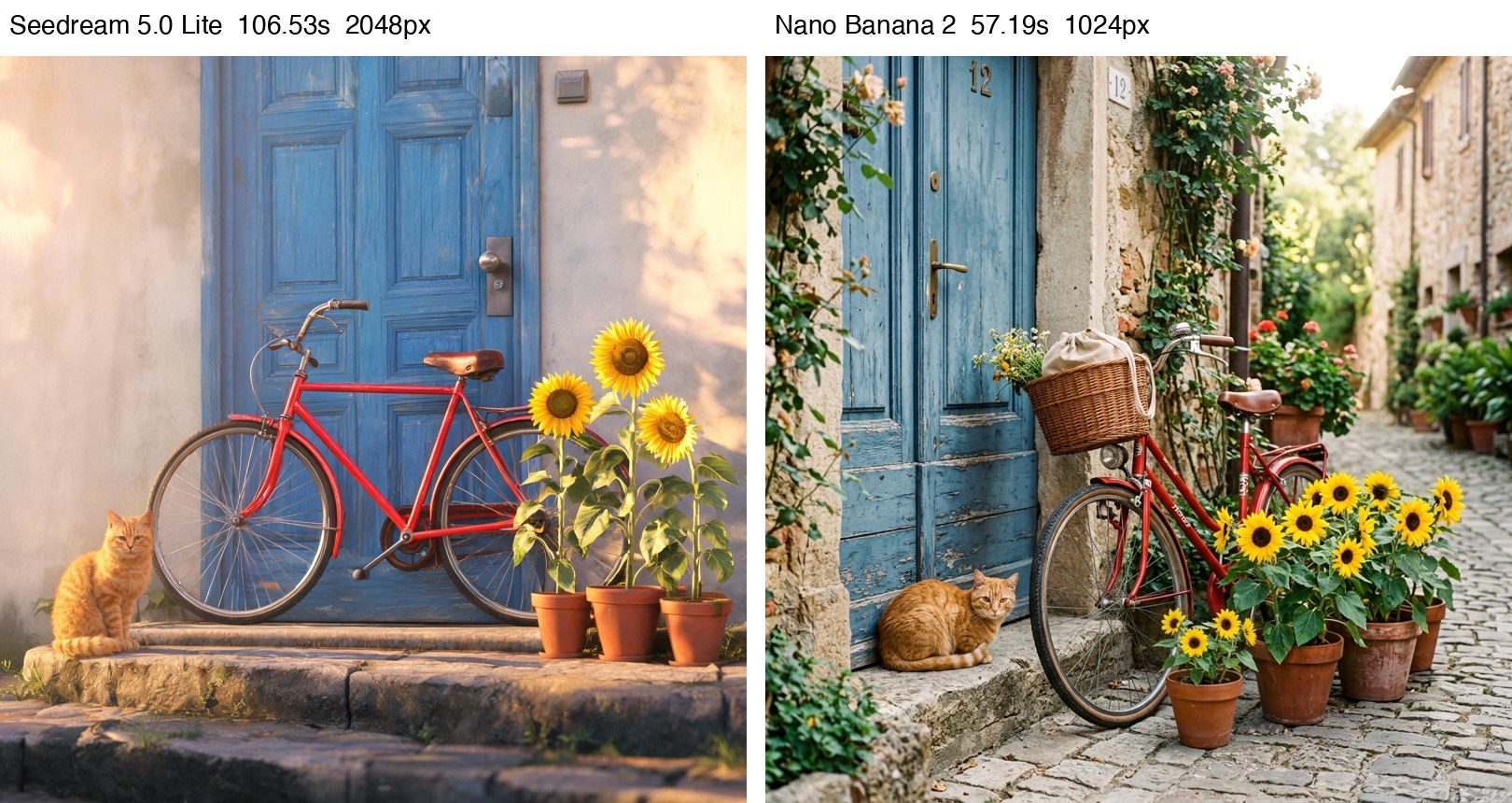 Red bicycle, blue door, ginger cat and sunflowers from both models