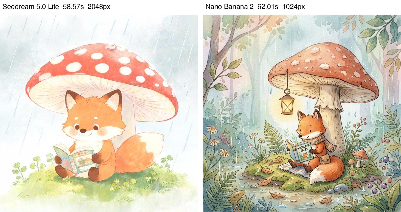 Fox reading under a mushroom, watercolor, from both models