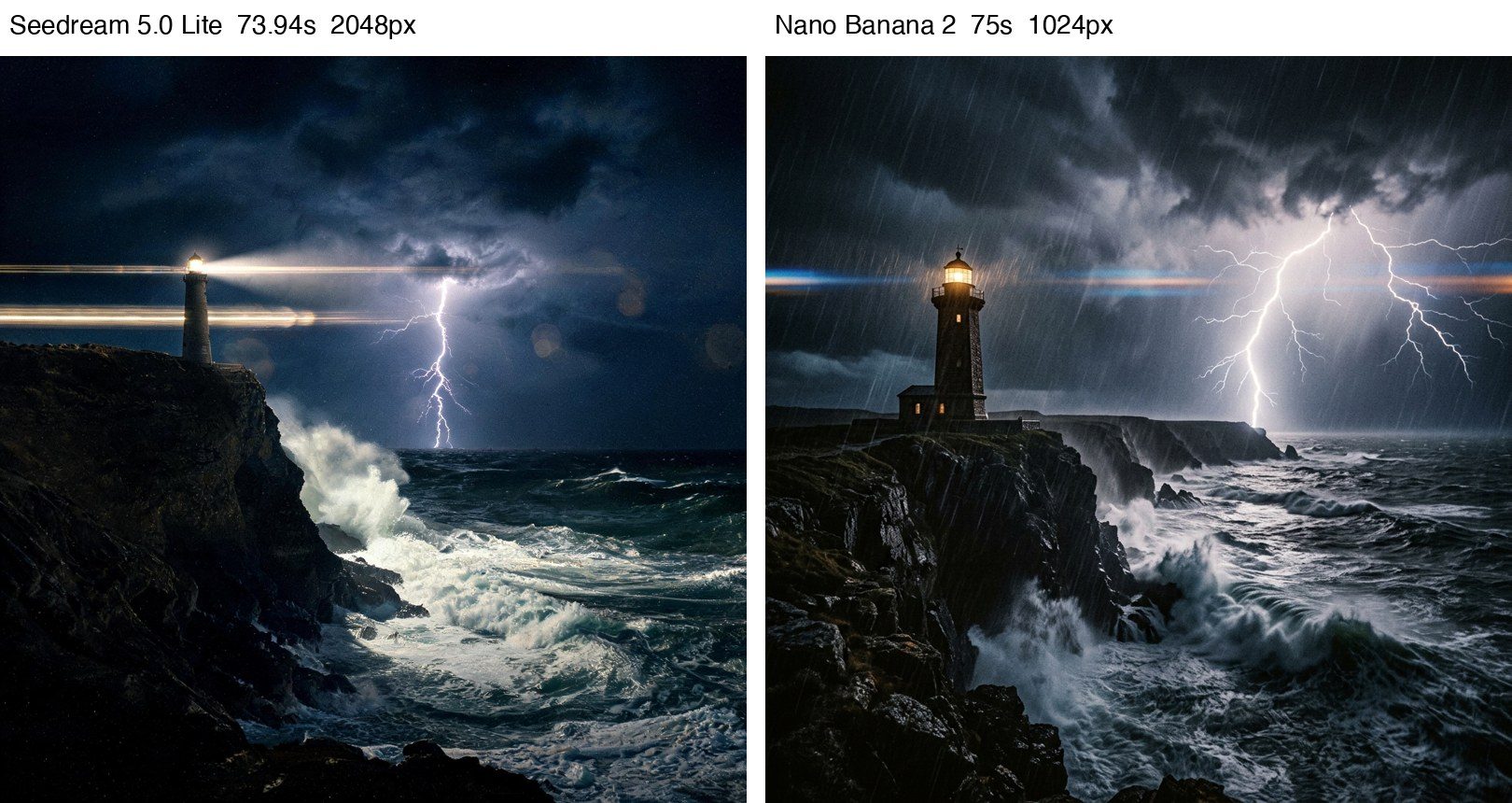 Lighthouse in a thunderstorm from both models