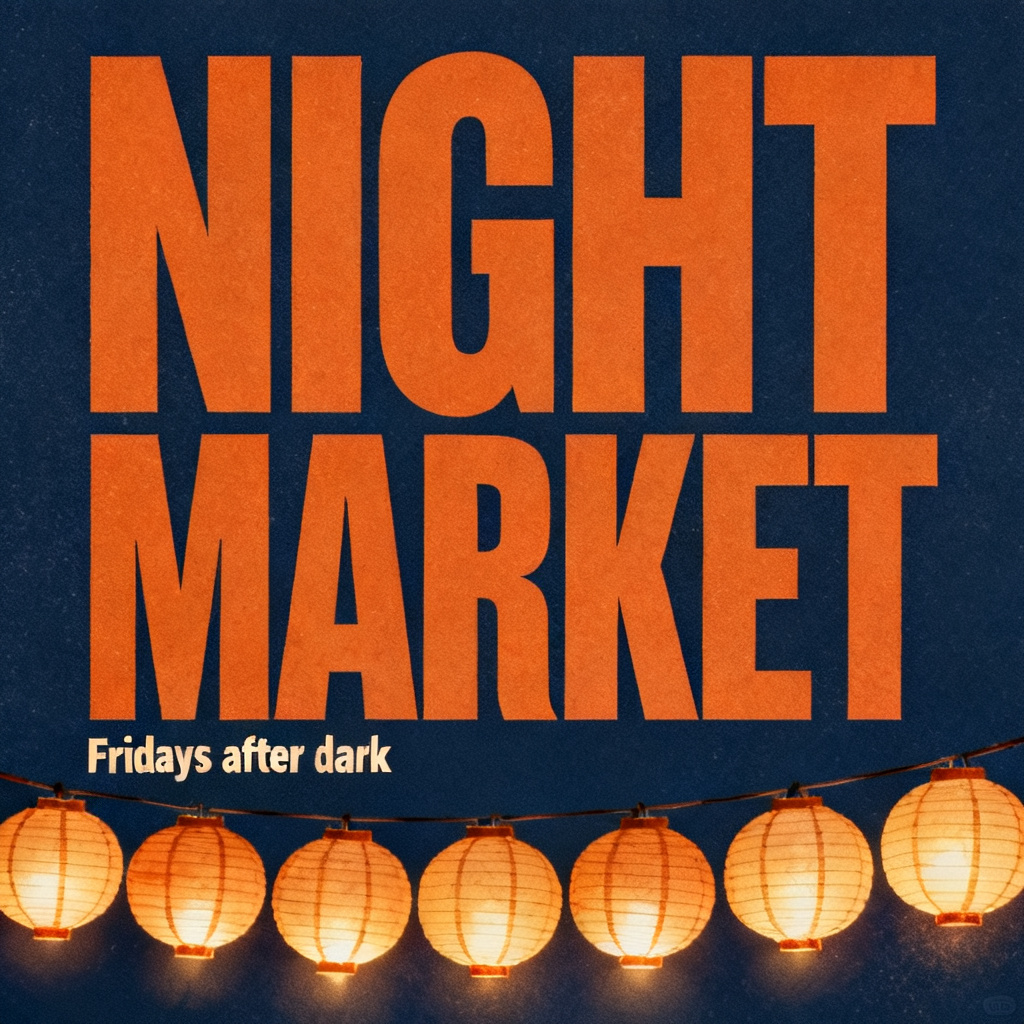 Poster headline typography: A square typographic poster for a fictional night market. The headline "NIGHT MARKET" fills the upper two thirds in a huge condensed bold sans-serif, set in two stacked lines of equal width, both lines flush left and flush right to the same measure, warm orange on a deep navy background, with equal generous margins on all four sides so no letter touches the frame. A row of glowing paper lanterns rendered photoreal runs along the very bottom edge of the poster, every lantern fully inside the frame, their light spilling up onto the base of the letters. Directly above the lanterns, one single line "Fridays after dark" in medium-size small caps sits at the lower left, aligned to the left edge of the headline. Flat ink-on-paper type, slight halftone grain, print quality. No other text, no logos, no watermark, no faint text in any corner, no people.