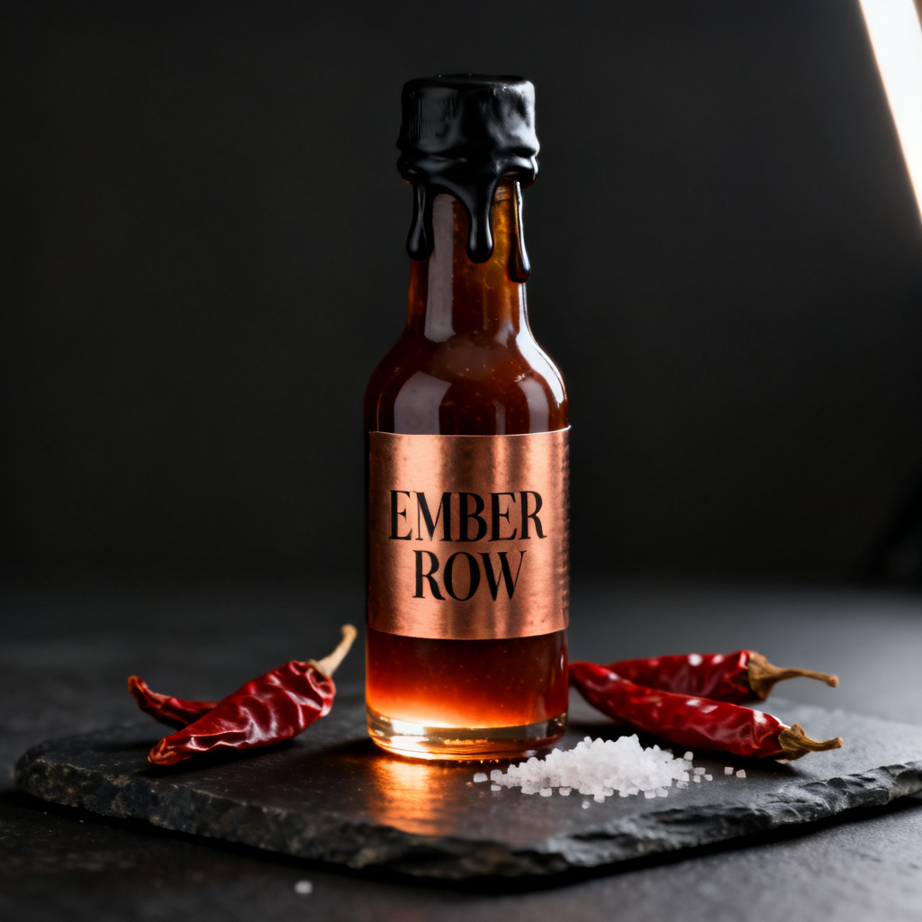 Materials under one light: Studio product photograph of a small dark amber glass hot sauce bottle with a cap dipped in opaque matte black sealing wax, the wax solid and non-transparent, its drips frozen down the neck. A copper-foil label on the front reads "EMBER ROW" in a tall condensed serif. The bottle stands on a slab of dark honed slate beside three dried red chilies and a scatter of coarse salt. Single soft key light from the upper right outside the frame, a narrow strip highlight down the glass, warm light passing through the amber so the sauce glows at the base, soft falloff into a charcoal background. Photoreal: glossy glass, matte wax, crisp foil edges. 90mm macro lens at f/8, centered, square format. No other text, no logos, no watermark, no hands, no studio equipment in frame.