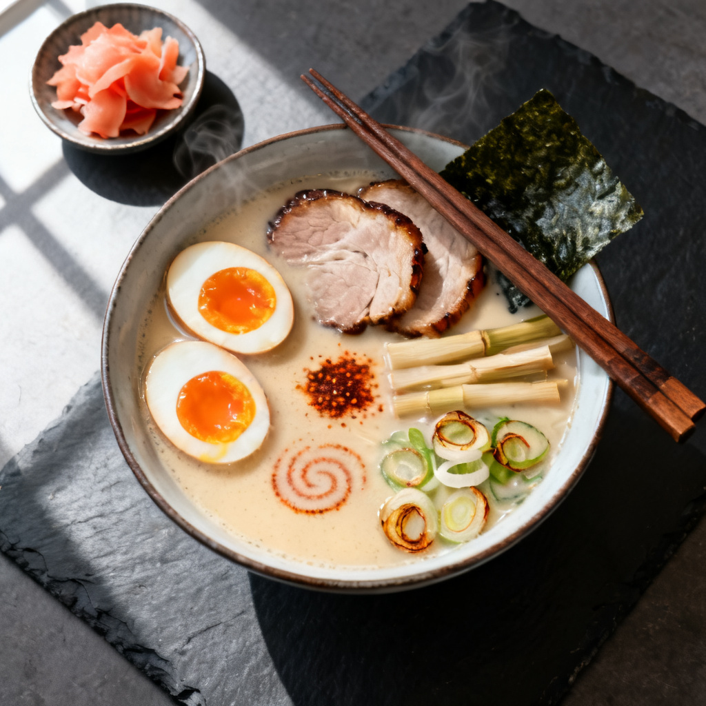 Each item placed as asked: Overhead food photograph of a bowl of tonkotsu ramen on a dark slate table, square format: creamy pale broth, two slices of chashu pork with seared edges, a soft-boiled egg halved to show a jammy orange yolk, bamboo shoots, one sheet of nori, sliced scallions and a swirl of chili oil. Chopsticks resting on the rim, a small dish of pickled ginger at the top left. Soft window light from the upper left, visible steam, glossy broth surface, crisp scallion edges. Photoreal, 50mm look, everything in focus. No text, no logos, no watermark, no hands.