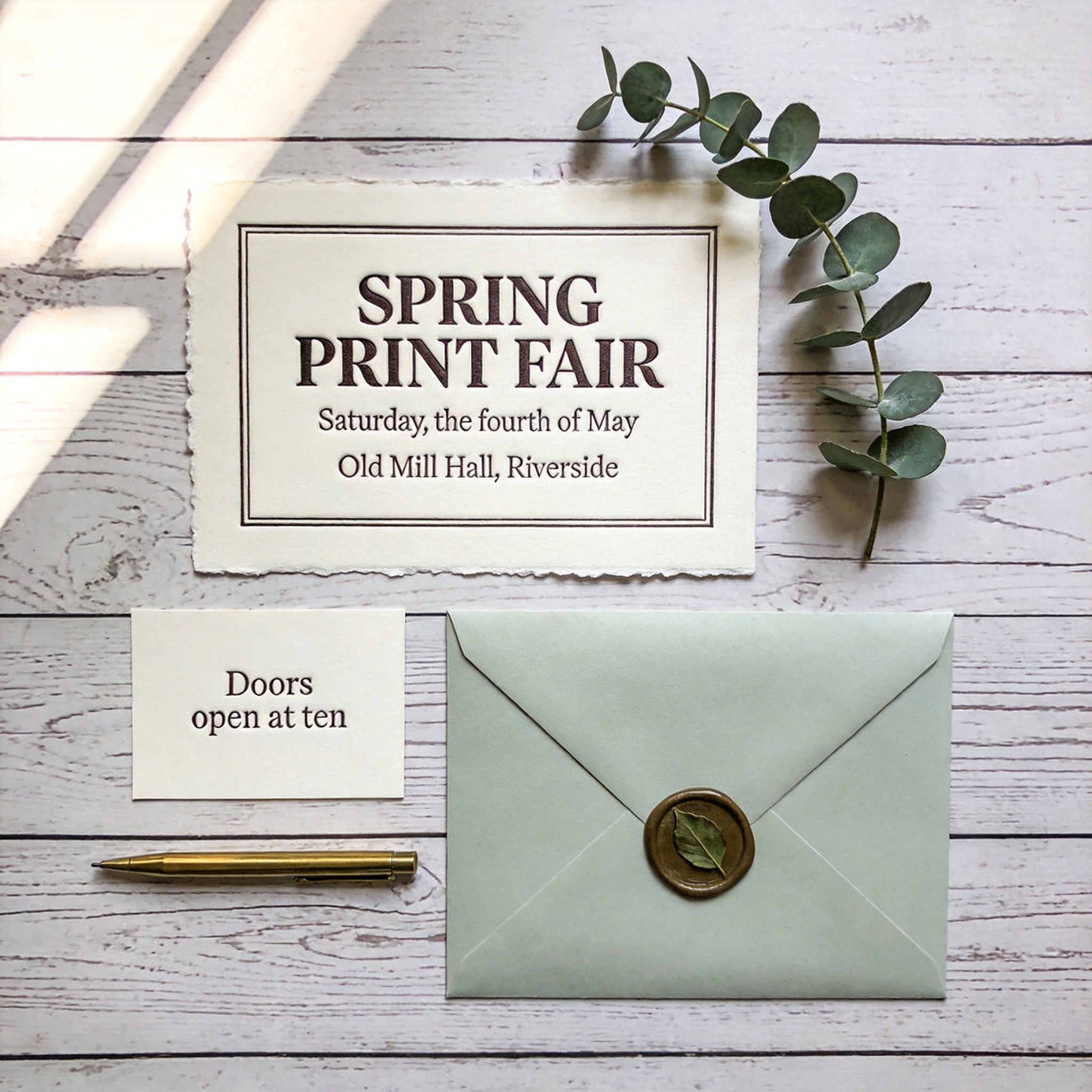 Designer-grade print typography: Overhead flat lay of a letterpress stationery suite for a fictional spring print fair, on a whitewashed wooden tabletop, square composition. Main card: a thick cotton card with deckled edges, the words "SPRING PRINT FAIR" in a large deep-impression serif, beneath them "Saturday, the fourth of May" in small caps, and a lighter third line "Old Mill Hall, Riverside", all text fully inside the card with even margins. Below it a separate smaller card reading only "Doors open at ten", and a pale sage envelope closed with a wax seal pressed with a single leaf. Props: one sprig of eucalyptus, one brass pen. Soft window light from the left, gentle shadows, visible letterpress impression and cotton paper fiber. Shot straight down, 50mm lens look, everything in focus. No extra text, no logos, no watermark.