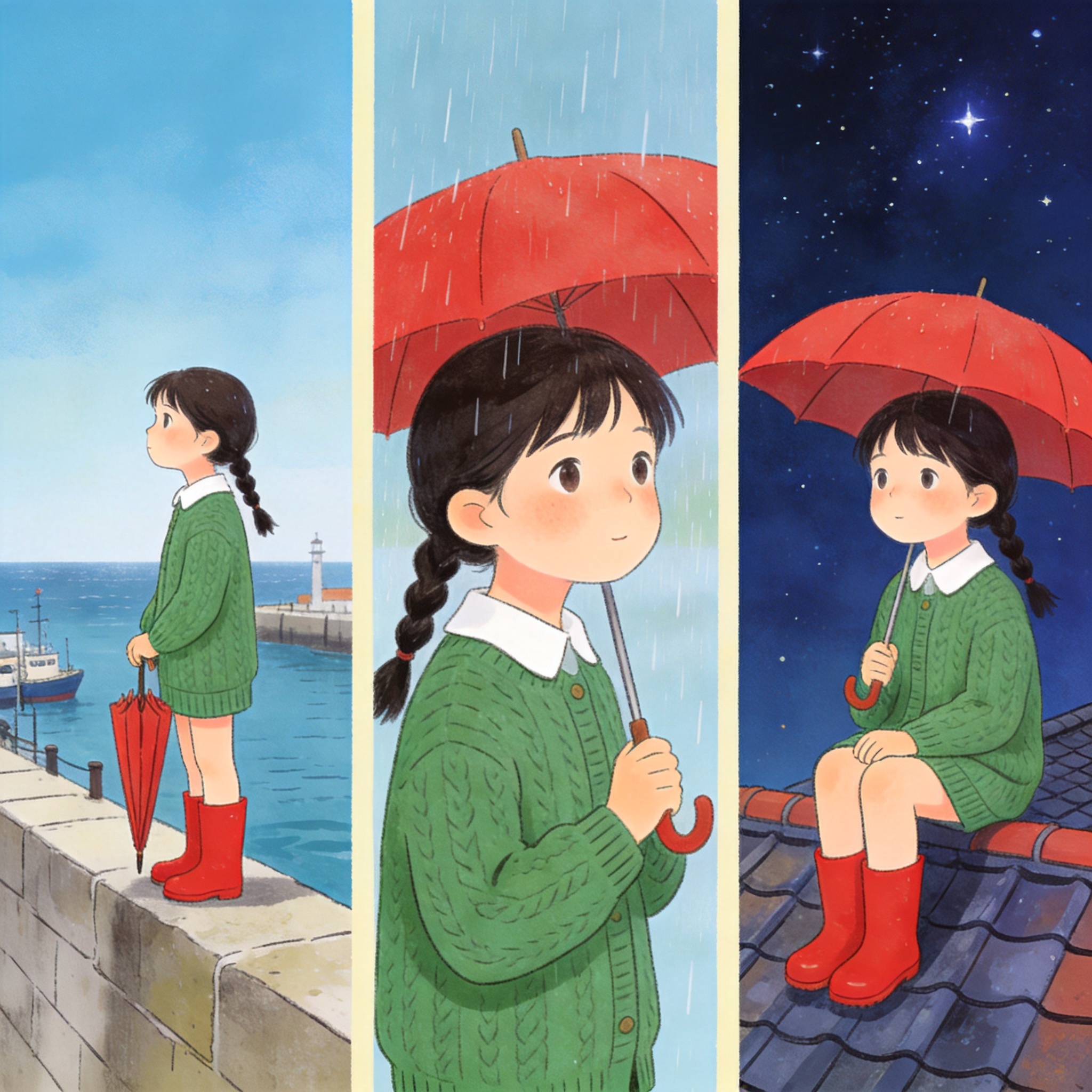 One character, three panels: One square image split into three equal vertical panels with thin cream gutters, the same character in each: a girl of about ten with two dark braids, clear skin with no freckles, a green knit cardigan over a white collar, red rain boots, and one small red umbrella as her only prop. Left panel: morning, she stands on a harbour wall holding the closed umbrella and looking out to sea. Middle panel: noon, waist-up, she opens the umbrella as light rain begins. Right panel: night, she sits on a tiled rooftop under the open umbrella beneath a starry sky. Storybook illustration style, flat colors with soft paper grain, consistent line weight, palette shifting from cool morning blue to deep indigo night. Identical face, braids, cardigan, boots and umbrella in every panel. No panel numbers, no captions, no text, no watermark.