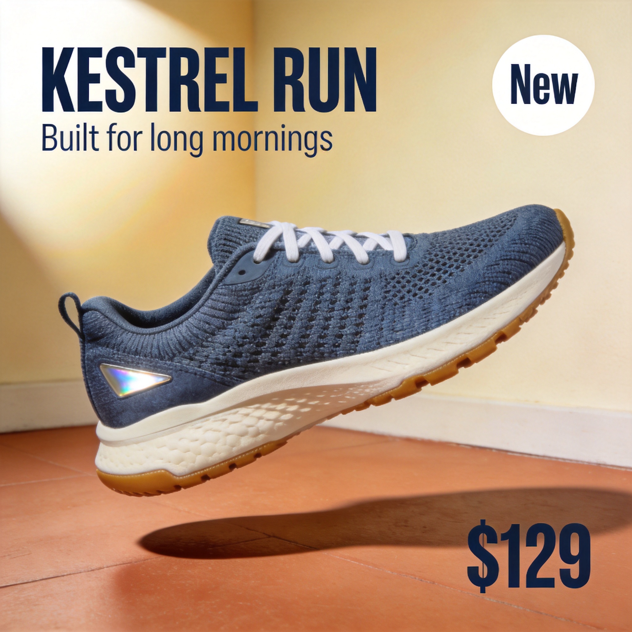 Four materials, one product ad: Square e-commerce key visual for a running shoe launch. The shoe floats at a slight angle above a matte terracotta floor, casting one soft contact shadow: slate blue engineered knit upper, off-white foam midsole, gum rubber outsole, a small reflective heel tab and flat white laces. Background: a warm cream wall with a gentle gradient. Typography: the wordmark "KESTREL RUN" in a bold condensed sans-serif at the top left, the tagline "Built for long mornings" in smaller type beneath it, a white circular badge in the upper right reading "New", and the price "$129" in the lower right corner. Bright softbox from the upper left, crisp highlights on the knit, fine mesh texture visible. Commercial product photography, product perfectly sharp. No other text, no brand logos or stripes, no watermark.