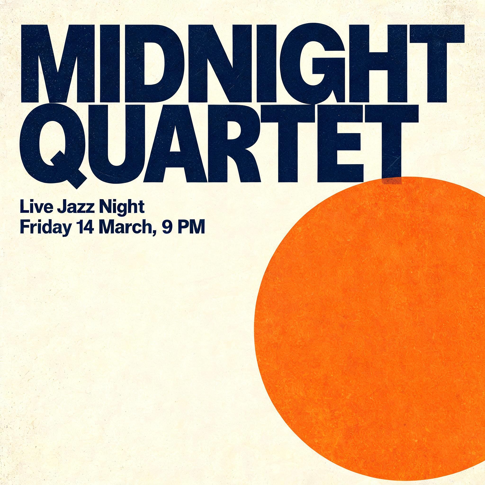Two-ink poster typography: Square concert poster printed in the risograph style with two inks, fluorescent orange and deep navy blue, on warm cream paper, flat graphic, front on. The headline "MIDNIGHT QUARTET" is set very large in a bold condensed sans-serif, stacked on two lines across the upper half. Below it a smaller line "Live Jazz Night" and a third line "Friday 14 March, 9 PM", cleanly separated and aligned to the same left margin with even letter spacing. The only graphic element is one large flat orange circle in the lower right, overlapping the edge of the navy text so the two inks mix into a darker tone where they meet. Soft ink grain and even print texture, generous empty paper, no glare. No other text, no instruments, no logos, no watermark, no misspellings.