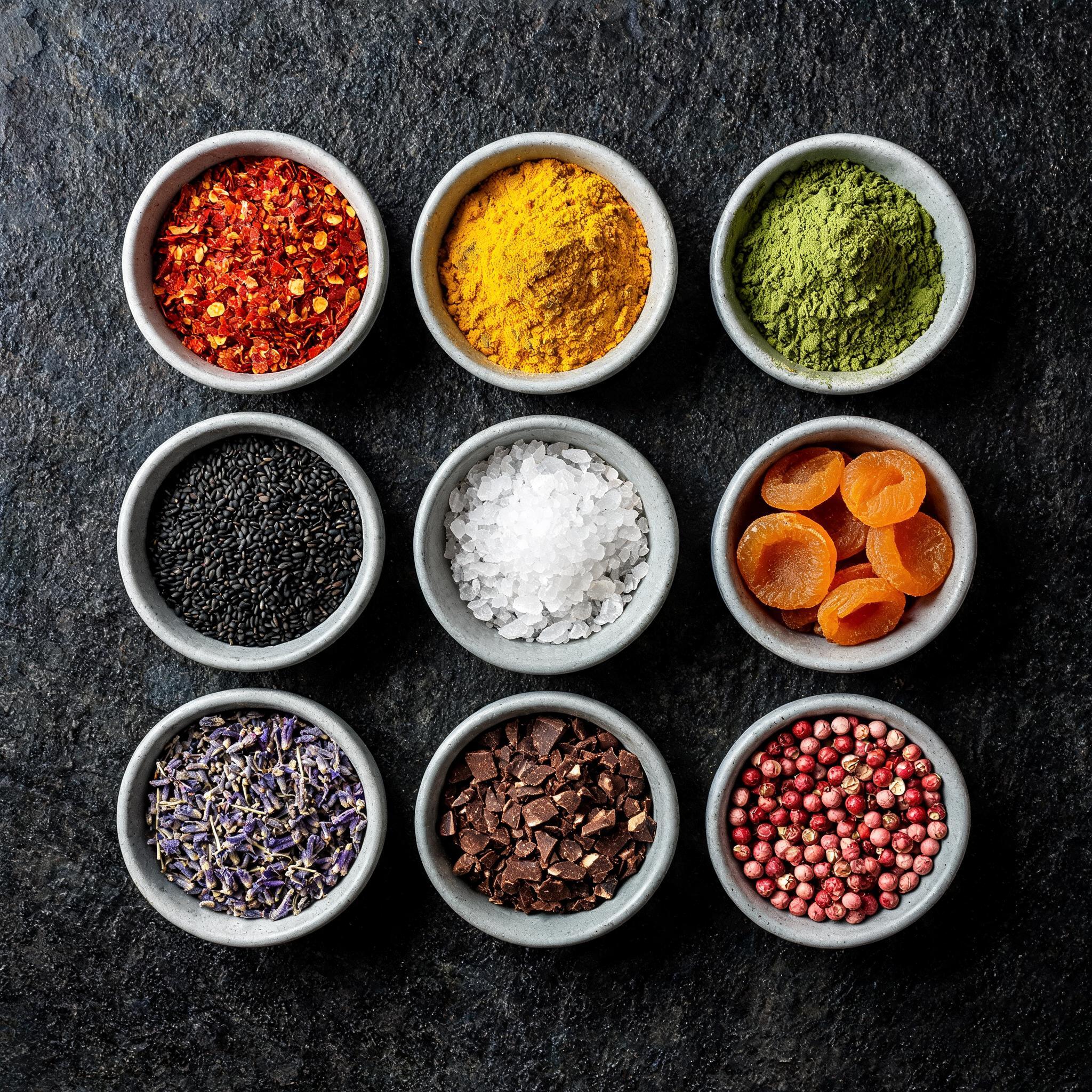 Nine subjects, nine colors: Top down photograph of a three by three grid of nine identical small bowls, plain matte pale grey stoneware, evenly spaced with equal gaps on a dark charcoal slate slab. Row one, left to right: red chili flakes, yellow turmeric powder, green matcha powder. Row two: black sesame seeds, white sea salt flakes, orange dried apricot halves. Row three: purple dried lavender buds, brown cacao nibs, pink peppercorns. Each bowl holds only its own ingredient and nothing spills between bowls. Soft diffused window light from the upper left, gentle shadows, true to life colors, sharp focus across the whole grid, 50mm lens look. No labels, no text, no extra objects, no watermark.