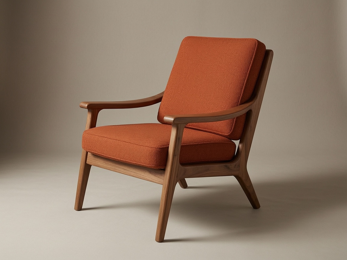 From pencil sketch to product shot: Turn this pencil sketch into a photorealistic studio product photograph of the same armchair. Keep the exact shape, proportions, curved armrests, tapered legs and three-quarter angle from the sketch. Solid walnut frame with a satin oil finish, seat and back cushions in rust orange boucle fabric, on a seamless warm grey studio backdrop with a soft shadow on the floor. Soft key light from the left, 50mm lens, no text, no logos.